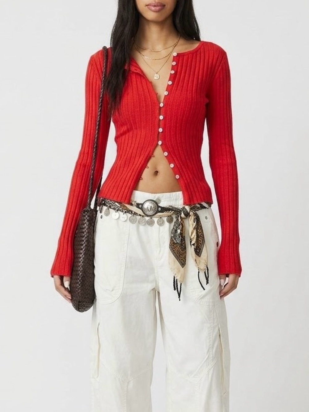 🍒 Free People Tilly Long Sleeve Button Front Ribbed Top Red Small S